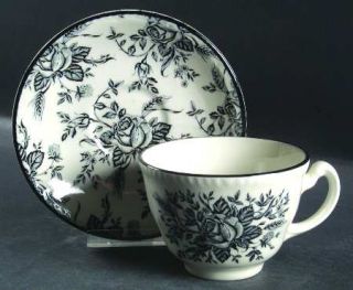 Enoch Wood & Sons Colonial Rose Black/White Flat Cup & Saucer Set, Fine China Di