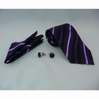 Fashion Mens Casual Stripe Purple Necktie Cufflinks Kerchief Set on Round(Width10CM)