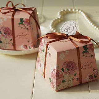 Pink Rose Pattern Favor Box with Ribbon   Set of 12