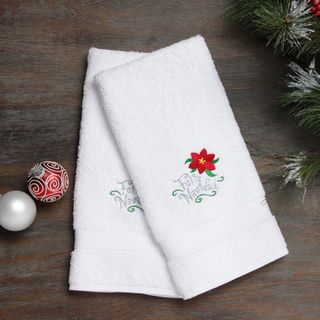 Embroidered Feliz Navidad With Poinsettia Holiday Turkish Cotton Hand Towels (set Of 2)