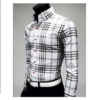 Uyuk Mens White Korean Style Stand Collar Long Sleeve Check Pattern Business Cotton Shirt