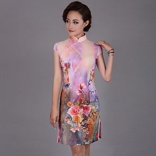 Yeshu Fashion Elegance Floral Printing Bodycon Short Cheongsam (Pink)