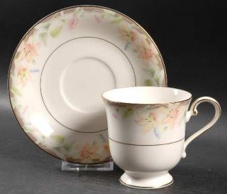 Mikasa Morning Glory Footed Cup & Saucer Set, Fine China Dinnerware   Taupe Band