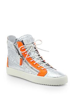 Giuseppe Zanotti Crackled Leather High Top Sneakers   Silver