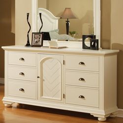 Napa White Dresser (Hardwoods and MDFFinish Cottage white finishDeep drawers and storage doorSolid hardwood frame and dust proofed case bottoms Antique pewter hardware features cup pulls and knobsDrawers feature wood on wood drawer glides with built in s