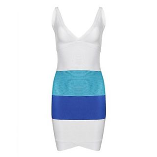 Deep V Neck White and Blue Color Block Slim Bodycon Bandage Dress