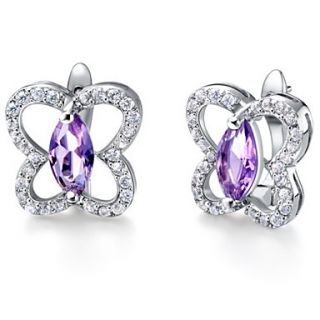 Elegant Silver Plated Silver With Purple Cubic Zirconia Butterfly Womens Earring