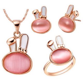 Sweet Goldr Plated Gold With Pink Opal Rabbit Shaped Womens Jewelry Set(Including Necklace,Earrings,Ring)