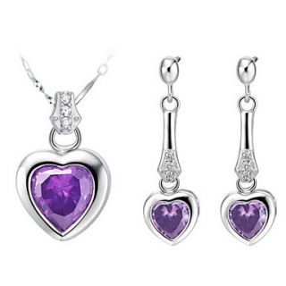Classic Silver Plated Cubic Zirconia Heart Shaped Womens Jewelry Set(Necklace,Earrings)(White,Purple)