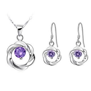 Sweet Silver Plated Cubic Zirconia Pierced Flower Womens Jewelry Set(Necklace,Earrings)(White,Purple)