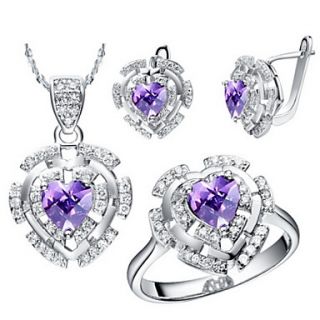 Shining Silver Plated Cubic Zirconia Heart Womens Jewelry Set(Necklace,Earrings,Ring)