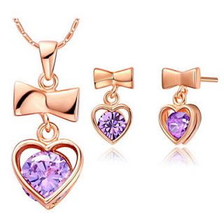 Sweet Silver Plated Purple Cubic Zirconia Heart With Bowknot Womens Jewelry Set(Necklace,Earrings)(Gold,Silver)