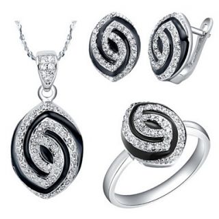 Fashion Silver Plated Cubic Zirconia Irregular Patterned Olivary Womens Jewelry Set(Necklace,Earrings,Ring)