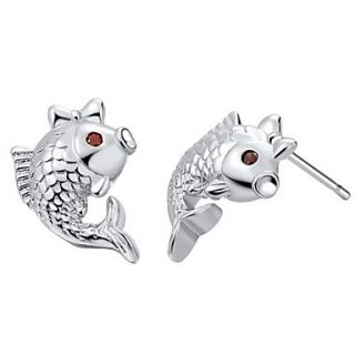 Elegant Silver Plated Silver With Red Cubic Zirconia Eye Jumpy Fish Womens Earring