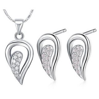 European Silver Plated Silver With Cubic Zirconia Pierced Drop Shaped Womens Jewelry Set(Including Necklace,Earrings)