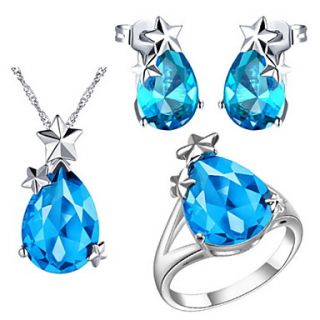 Charming Silver Plated Cubic Zirconia Drop With Star Womens Jewelry Set(Necklace,Earrings,Ring)(Blue,Red,Purple)