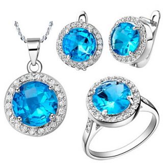 European Silver Plated Blue And Clear Cubic Zirconia Round Womens Jewelry Set(Necklace,Ring,Earrings)