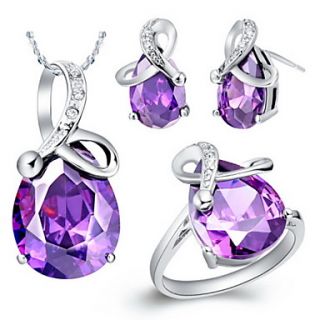 European Silver Plated Cubic Zirconia Drop With Bowknot Womens Jewelry Set(Necklace,Earrings,Ring)(Blue,Purple)