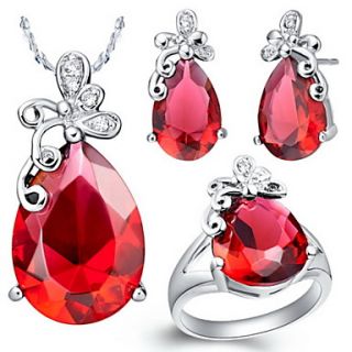 Beautiful Silver Plated Cubic Zirconia Drop With Butterfly Womens Jewelry Set(Necklace,Earrings,Ring)(Red,Purple)