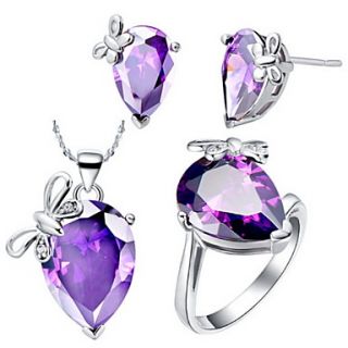 European Silver Plated Cubic Zirconia Drop With Butterfly Womens Jewelry Set(Necklace,Earrings,Ring)(Red,Purple)
