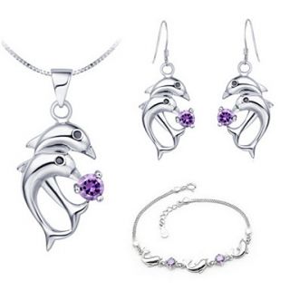 Delicate Silver Plated Cubic Zirconia Dolphins Womens Jewelry Set(Necklace,Earrings,Bracelet)(White,Purple)