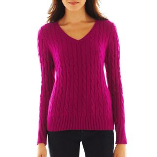 Wool Blend Cable Knit V Neck Sweater, Fuchsia, Womens