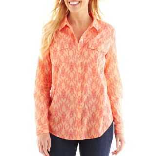 LIZ CLAIBORNE Long Sleeve Button Front Shirt   Talls, Coral Berry Multi