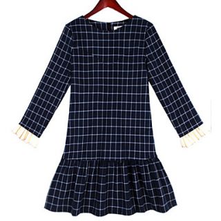 WeiMeiJia Womens Simple Round Collar Check Dress(Screen Color)