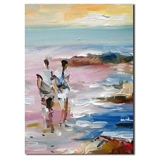 Hand Painted Oil Painting Landscape Lovers Walking Alone Beach Painting with Stretched Frame