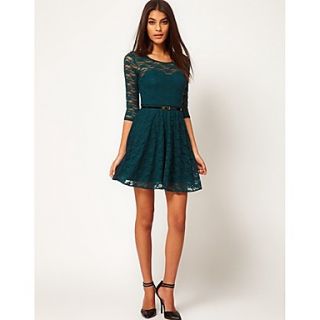 Womens Roound Neck Lace Dress(Belt Included)