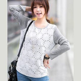 Womens Embroidery Contrast Color Long Sleeve T shirt