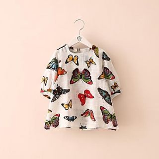 Girls Round Neck Butterfly Color Print Adorable Lantern Sleeve Tee