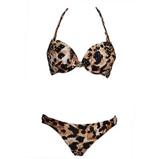 Womens Rhinestone Halter Leopard Bikini