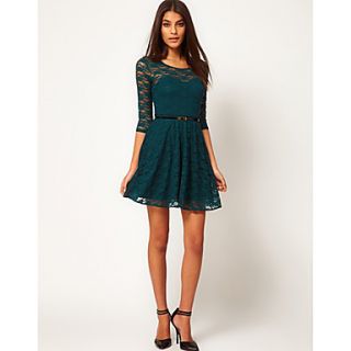 Womens Round Collar Lace Hollow Out Dress