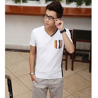 Senyue Mens Korean V Neck Short Sleeve T Shirt (White)