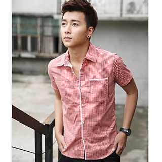 Senyue Mens Cotton Check Short Sleeve Shirt (Red)