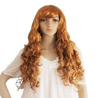 Long Golden Synthetic Wavy Wig Side Bang