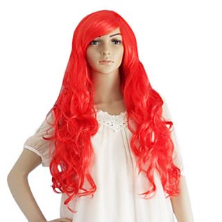 Red Long Synthetic Wavy Wig Side Bang