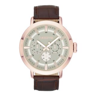 CLAIBORNE Mens Rose Tone Leather Strap Multifunction Watch