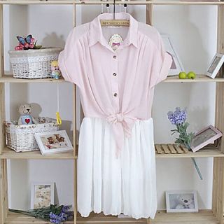 Rxhx Fake Two Pieces Short Sleeve Shirt Collar Chiffon Dress (Pink)