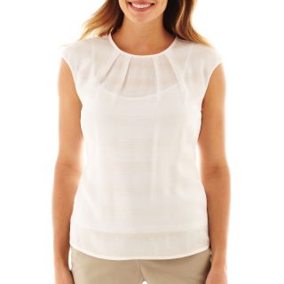 LIZ CLAIBORNE Short Sleeve Texture Striped Blouse   Tall, White