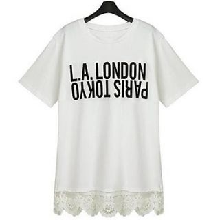 Womens Summer Short Sleeve Cotton Alphabet Stiching Lace White T shirt