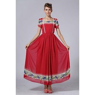 Womens Fashion Red Print Chiffon Ball Dress