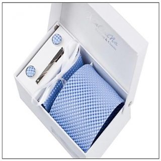 Mens Fashionable Blue Checked Polyester Ties Set Tie,Hankie,Cufflink,Tie Clip,Box with Bag