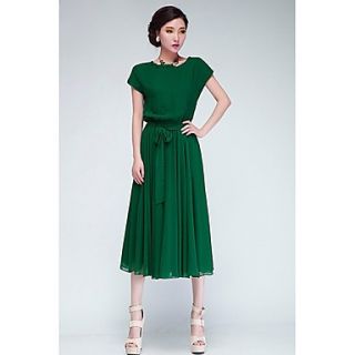 Swd Round Neck Short Sleeve Solid Dyed Waisted Dress Long Belt Included (Green)