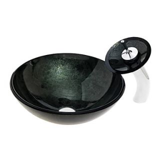 Victory Darkgreen Tempered glass Vessel Sink With Waterfall Faucet, Mounting Ring and Water Drain(0917 VT4013)