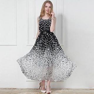 TS Polka Dot Print Contrast Color Long Dress With Waist Belt
