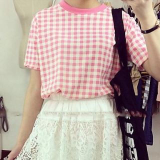 Womens Round Neck Loose Check Candy Color T Shirt
