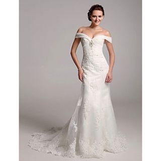 Free Custom measurements Trumpet/Mermaid Off the shoulder Organza Over Satin Wedding Dress With Removable Chapel Train