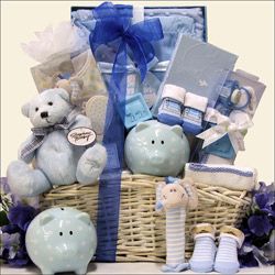 Bouncing Baby Boy Gift Basket (BlueGender BoyDotted baby piggy bank100 percent cotton washcloth, bath squirter block, pacifier, sneaker bootiesPlush super soft bear with gingham tied bowEmbroidered Its a boy brag book Star brush and comb setElephant sque